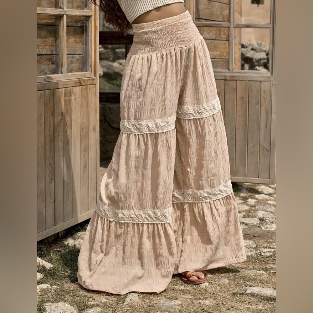 Boho Chic Crochet Lace Tiered Wide Leg Textured Palazzo Pants Coastal Cowgirl L - Picture 6 of 8